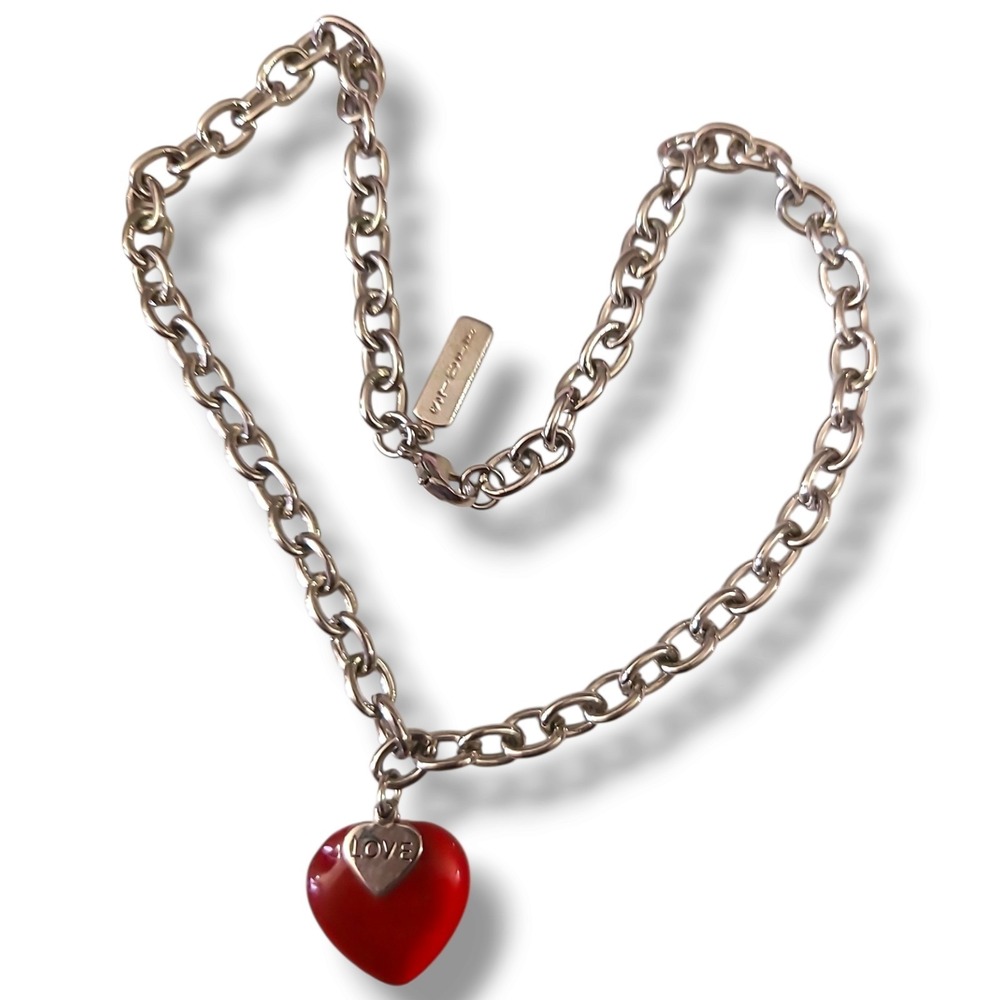 Vintage 90s Y2k Red Glass Heart Pendant Silver Tone Chunky Chain Choker Necklace